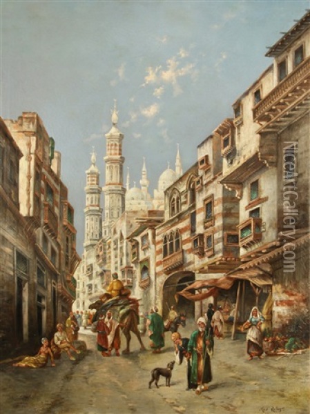 A Busy Street In Cairo Oil Painting - Max Friedrich Rabes