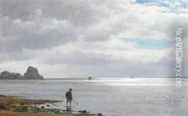 Man Collecting Mussels On A Beach In Brittany Oil Painting - Laurits Regner Tuxen