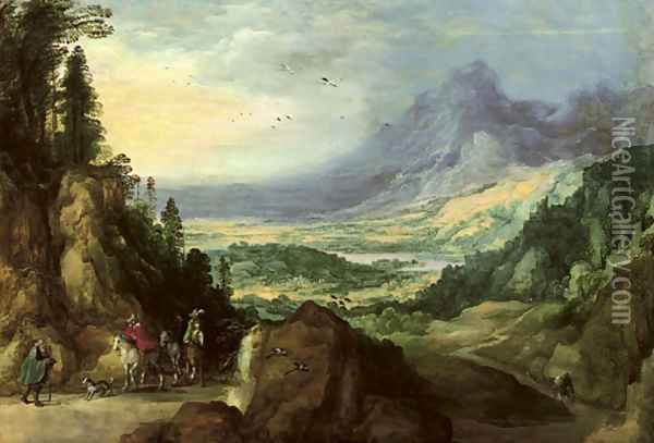 A mountainous landscape with horsemen meeting a beggar on a path, a lake in the distance Oil Painting - Josse de Momper
