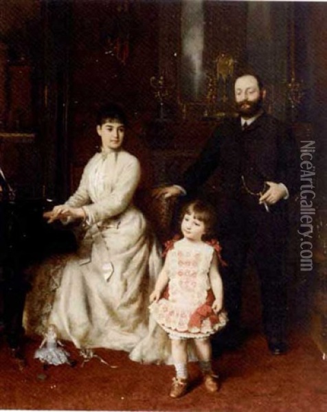 Portrait Of A Gentleman And His Wife With Their Young Child In An Interior Oil Painting - Knut Ekwall