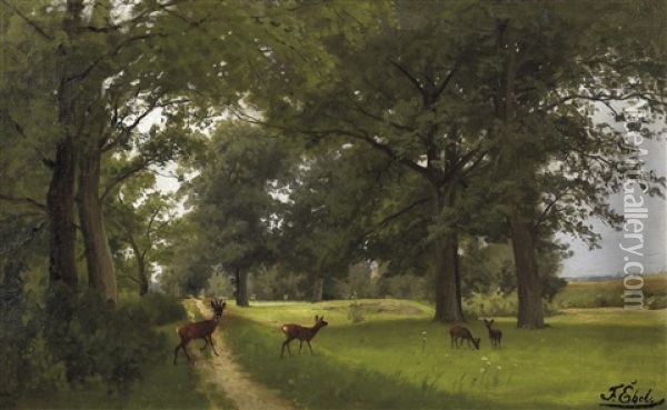 Vier Rehe Am Waldrand Oil Painting - Fritz Ebel