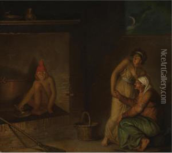 A Scene From Danish Folklore, A Nis Eating His Porridge Oil Painting - Nikolaj-Abraham Abilgaard