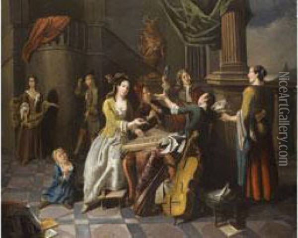 Musikszene In Einer Palastarchitektur Oil Painting - Pieter Angillis