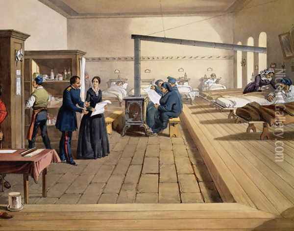 Hospital at Scutari, detail of Florence Nightingale 1820-1910 on the ward, from The Seat of War in the East, pub. by Paul and Dominic Colnaghi and Co., 1856 Oil Painting - William Simpson