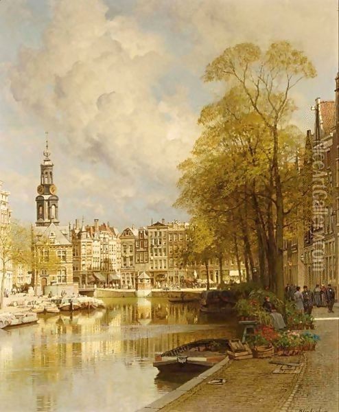 A View From The Singel On The Munttoren, Amsterdam Oil Painting - Johannes Christiaan Karel Klinkenberg