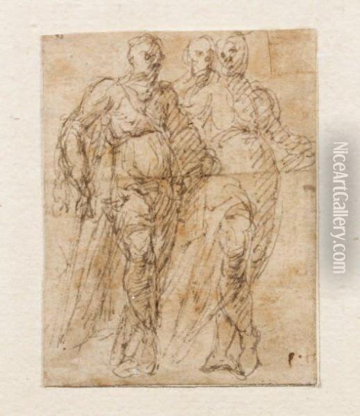 Trois Personnages Marchant Vers La Droiteplume Oil Painting - Jacopo Zanguidi, Called Jacopo Bertoija