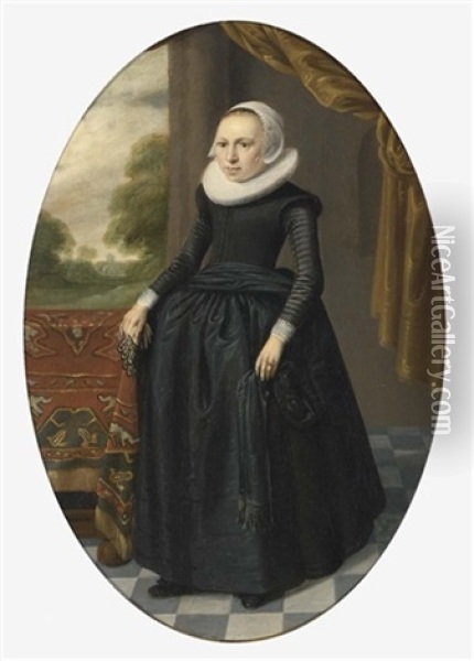 A Portrait Of A Lady Wearing A Black Dress With Lace Collar And Bonnet Oil Painting - Thomas De Keyser