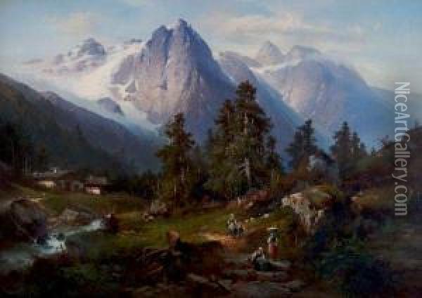 Alpine Landscape With Figures Oil Painting - Hugo Veit