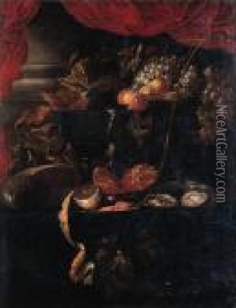 Grapes, Vines, Peaches And A 
Fob-watch On A Jewelry Box, Shrimpsand A Peeled Lemon On A Pewter Plate,
 Oysters, A Pomegranate, Agiant Berkemeyer And A Nautilus Shell On A 
Draped Table By A Drapedcolumn Oil Painting - Jan Davidsz De Heem