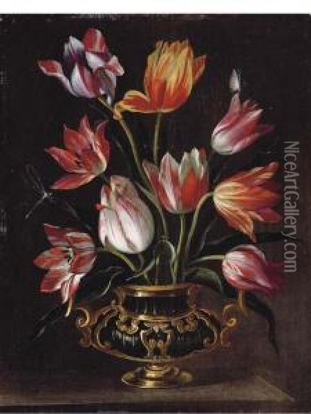 Parrot Tulips In An Urn With A Dragonfly And A Butterfly On A Stone Ledge Oil Painting - Abraham Brueghel