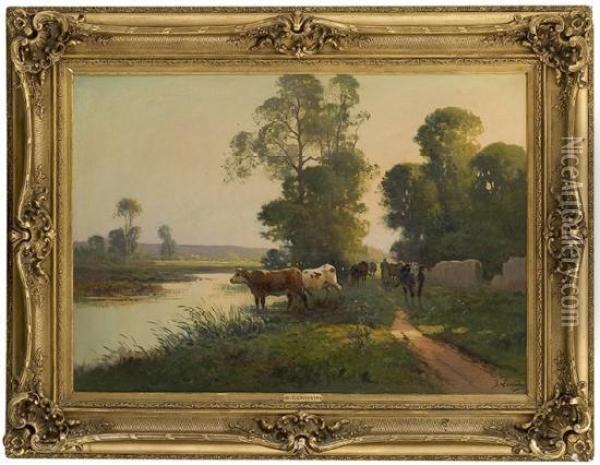 Milkmaid With Cows By Drinking Water Oil Painting - Langevin