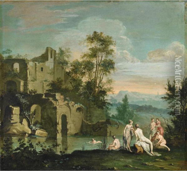 Bathers In A Pool With Ruins Oil Painting - Claude-joseph Vernet