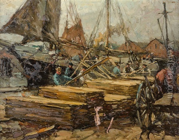 Partie Am Hafen Von Cuxhaven Mit Arbeiter Beim Loschen Von Holz Oil Painting - Leonhard Sandrock