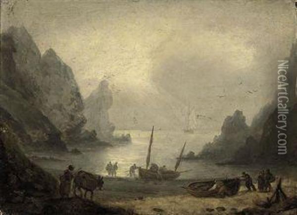 A Devonshire Inlet With Fishermen Unloading Their Catch Onto The Foreshore Oil Painting - Thomas Luny