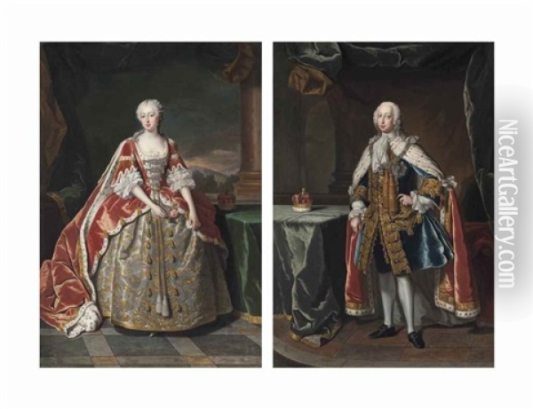 Portrait Of Frederick (1707-1751), Prince Of Wales, Small Full-length, In Robes Of State, With The Star Of The Garter, Beside A Table With His Coronet; And Portrait Of Augusta (1719-1772), Princess Of Wales, Small Full-length, In A Laced Dress And Robes O Oil Painting - Jean-Baptiste van Loo