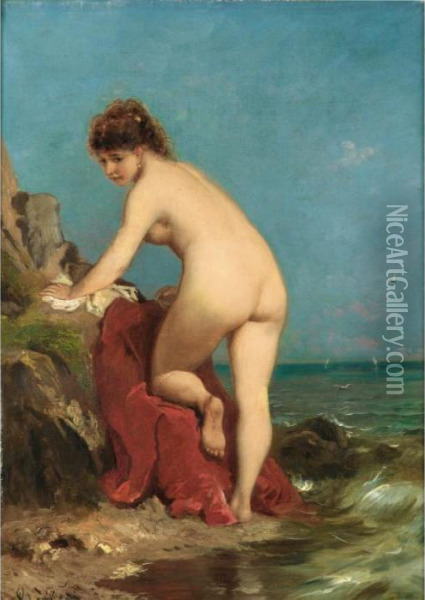 La Baigneuse [ ; The Bather ; Signed Lower Left Th Levigne ; Oil On Canvas] Oil Painting - Theodore Levigne