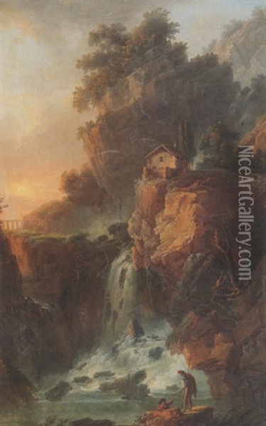 A View Of The Large Cascade At Terni Outside Rome, Near Foligno Oil Painting - Claude Louis Chatelet