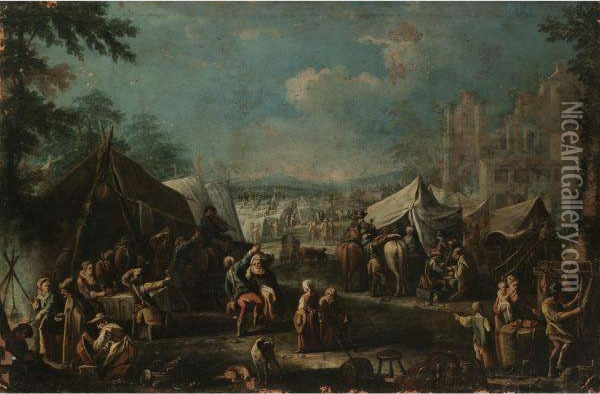 A Military Encampment Beside Some Ruins With Figures Dancing Andmaking Merry In The Foreground Oil Painting - Pietro Domenico Oliviero
