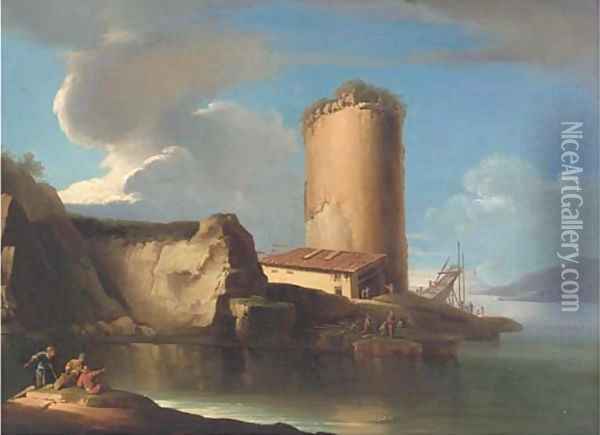 A Mediterranean costal inlet with a boatyard and a tower Oil Painting - Salvator Rosa