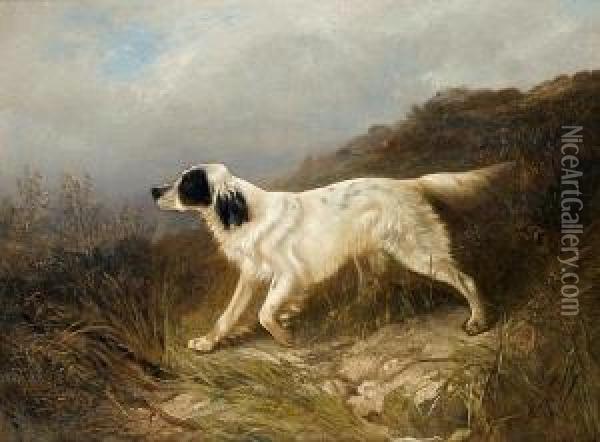 English Setter In A Landscape Oil Painting - George W. Horlor