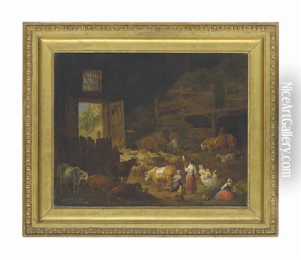 Cows, Sheep, And Other Animals In A Barn Interior, With Peasants Resting In The Foreground Oil Painting - Jan Peeter Verdussen