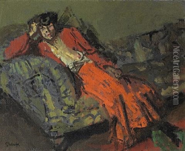 Woman In Red Against Green. Mrs Neville Oil Painting - Walter Sickert