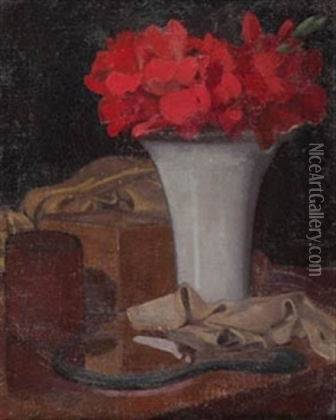 Jarron Con Flores Rojas Oil Painting - Manuel Ortiz De Zarate