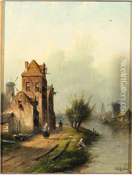 Summer: A Fortified Mansion Along A Canal; Winter: Skaters On Afrozen Waterway Oil Painting - Jan Jacob Coenraad Spohler
