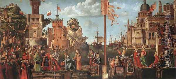 Meeting of the Betrothed Couple and the Departure of the Pilgrims 1495 Oil Painting - Vittore Carpaccio