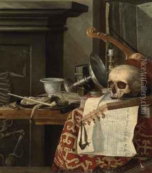 Vanitas: A Skull, A Violin, An Upturned Tazza, Books, Tarot Cards,a Fob Watch, A Clay Pipe, A Taper, And A Pouch Of Tobacco On Apewter Plate, On A Wooden Table Draped With A Rug Oil Painting - Sebastiaen Bonnecroy