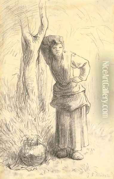 Milkmaid Leaning against a Tree Oil Painting - Jean-Francois Millet