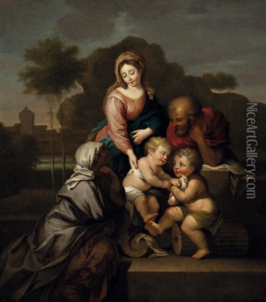 Die Heilige Familie Mit Dem Johannesknaben Und Der Heiligen Anna In Landschaft Oil Painting - Nicolas Poussin