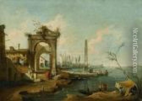 View With Harbour And Obelisk. Oil Painting - Francesco Guardi