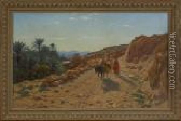 Desert Landscape With Figures On A Road Oil Painting - Antoine Gadan