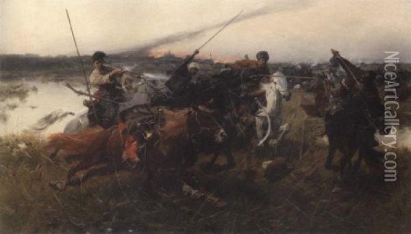 A Cavalry Assault Oil Painting - Jozef Von Brandt