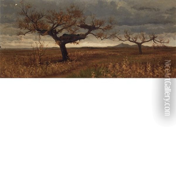 Indian Burial Grounds, Dakota; The Indian Burial Trees (2 Works) Oil Painting - Frank Waller