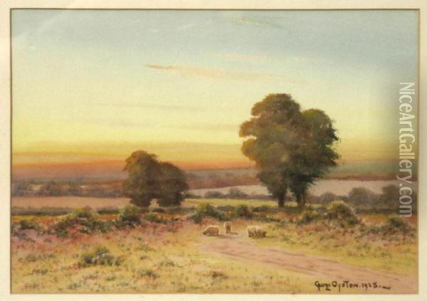 A Summer Landscape At Sunsetwith Sheep Grazing In The Foreground Oil Painting - George Oyston