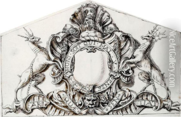 Design For The Pediment Sculpture At Houghton Hall, Norfolk, Depicting Sir Robert Walpole's Coat Of Arms Oil Painting - William Kent