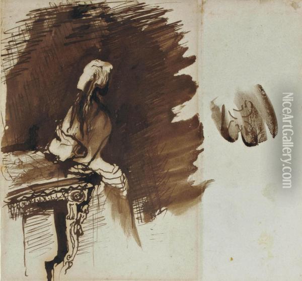 Femme Debout Devant Une Console Et Etude Subsidiaire D'un Ornement Oil Painting - Victor Hugo