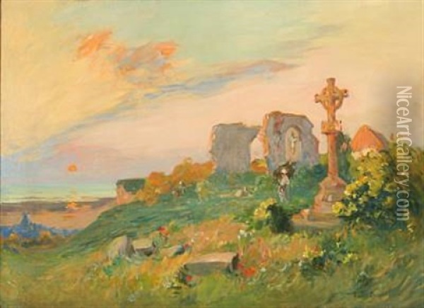 Landscape From Brittany At Sunset Oil Painting - Louis Domoulin