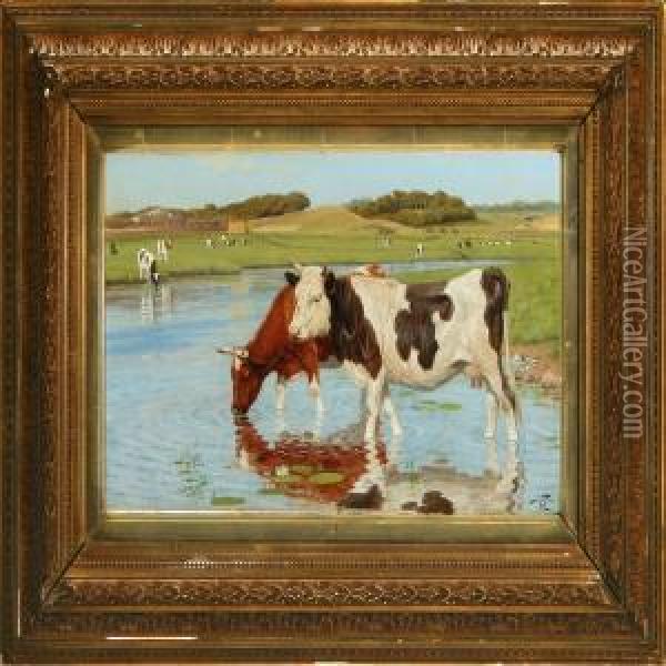 Landscape With Cows At A Small Pond Oil Painting - Povl Steffensen
