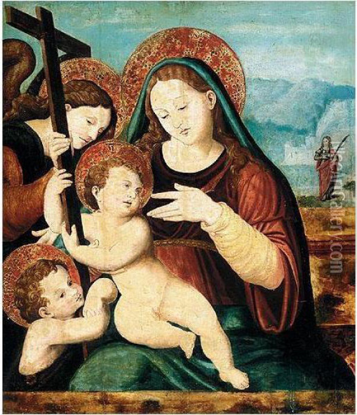 Madonna And Child, With The Infant Saint John, An Angel, And Saint Agatha Beyond Oil Painting - Vicente Juan (Juan de Juanes) Macip