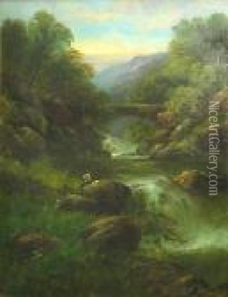 A River Landscape With A Figure Fishing In The Foreground Oil Painting - George B. Yarnold