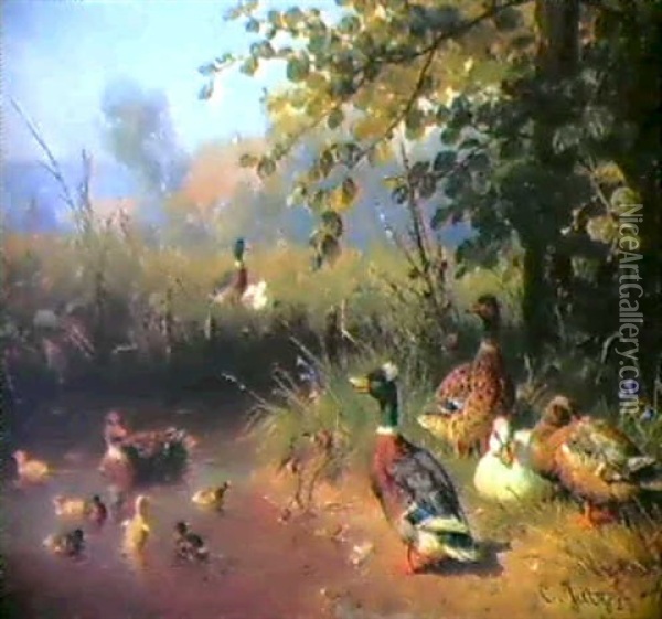Ducks And Ducklings At A Pond & Chickens And     Chicks By A Straw Mound Oil Painting - Carl Jutz the Elder