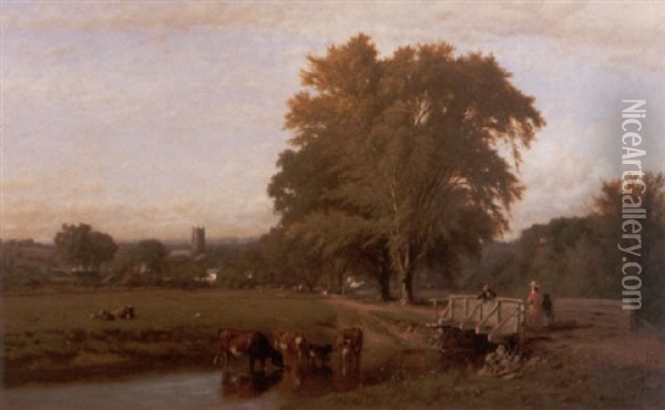 Cattle Watering Near A Bridge With Figures Oil Painting - James McDougal Hart