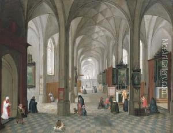 An Interior Of A Catholic Church With A Priest Celebratingmass Oil Painting - Pieter Ii Neefs