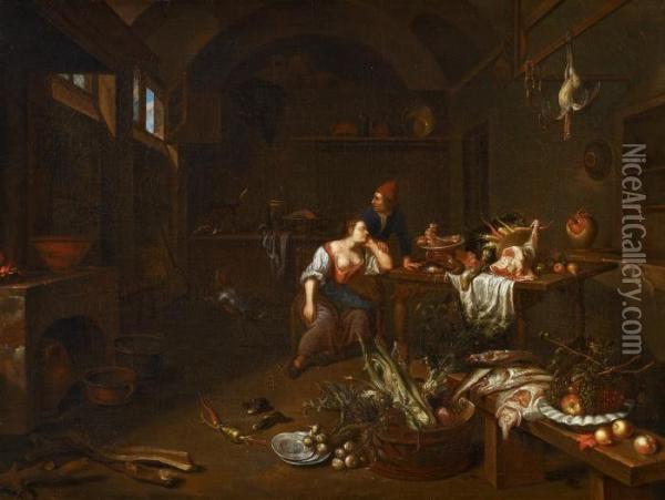 Kitchen Interior With Sleeping Maid Oil Painting - Sybrand Van Beest
