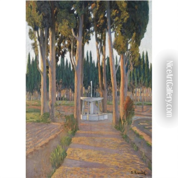 Cipreses Dorados-huerta Del Duque De Gor - Golden Cypresses-the Orchard Of The Duke Of Gor Oil Painting - Santiago Rusinol