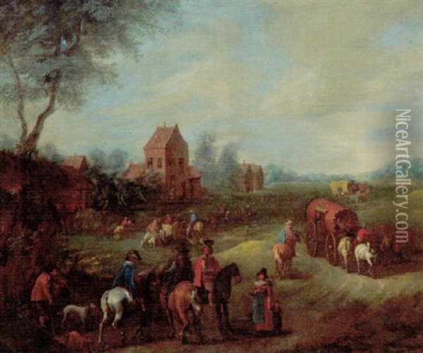 Le Passage Du Gue Oil Painting - Joseph van Bredael
