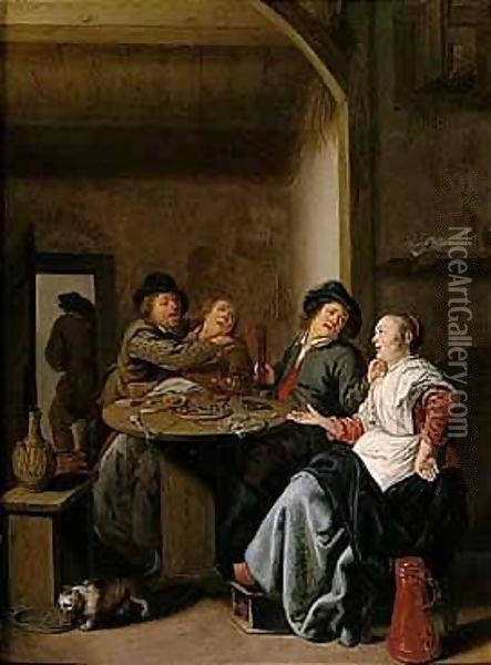 A Tavern Interior With Two Courting Peasant Couples Seated At A Table, Strewn With Food And Drink Oil Painting - Jan Miense Molenaer